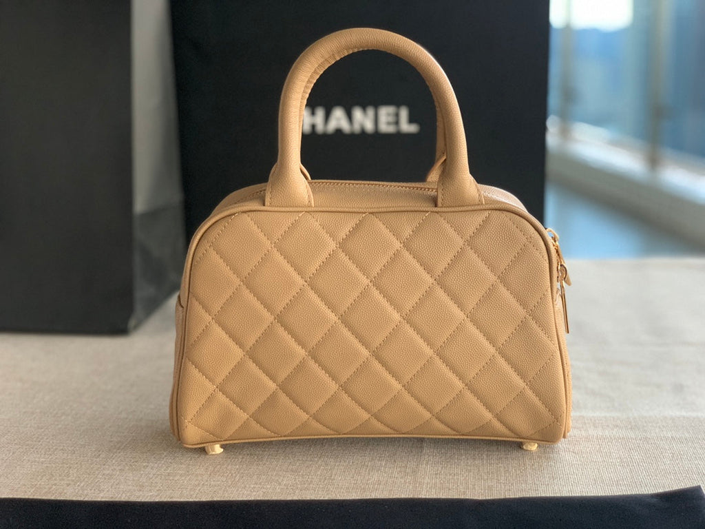 Chanel AS3034 Quilted Caviar Leather Mini Bowler Bag dark beige