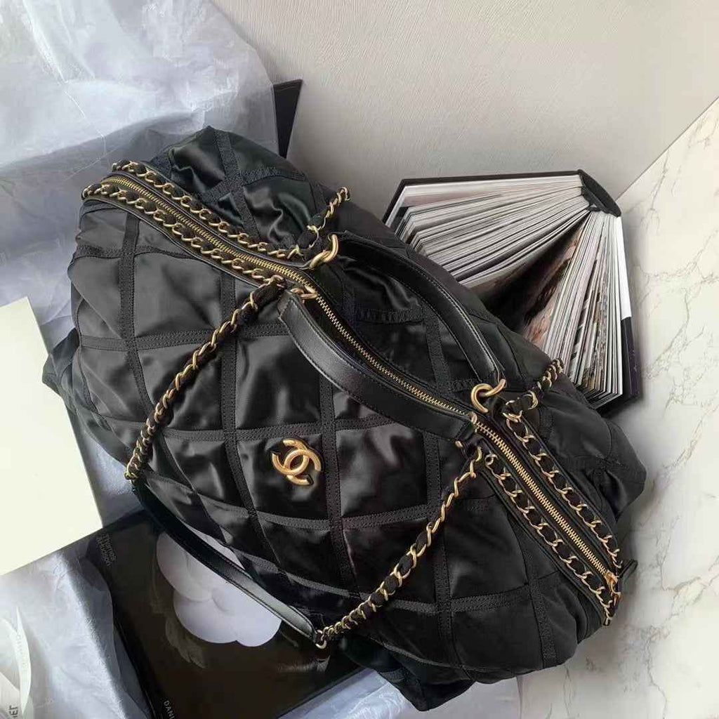 Chanel AS3093 Maxi Bowling Bag Nylon Gros-Grain Gold-Tone Metal Black