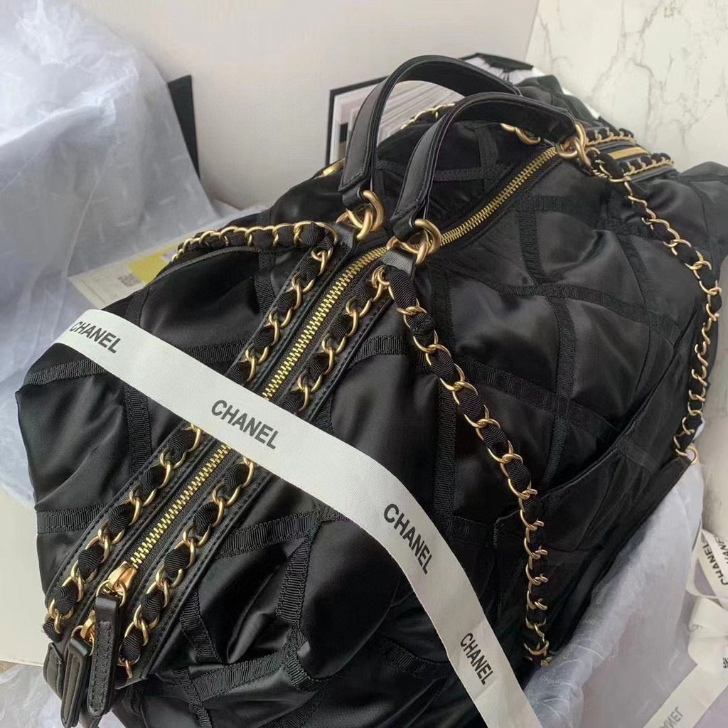Chanel AS3093 Maxi Bowling Bag Nylon Gros-Grain Gold-Tone Metal Black