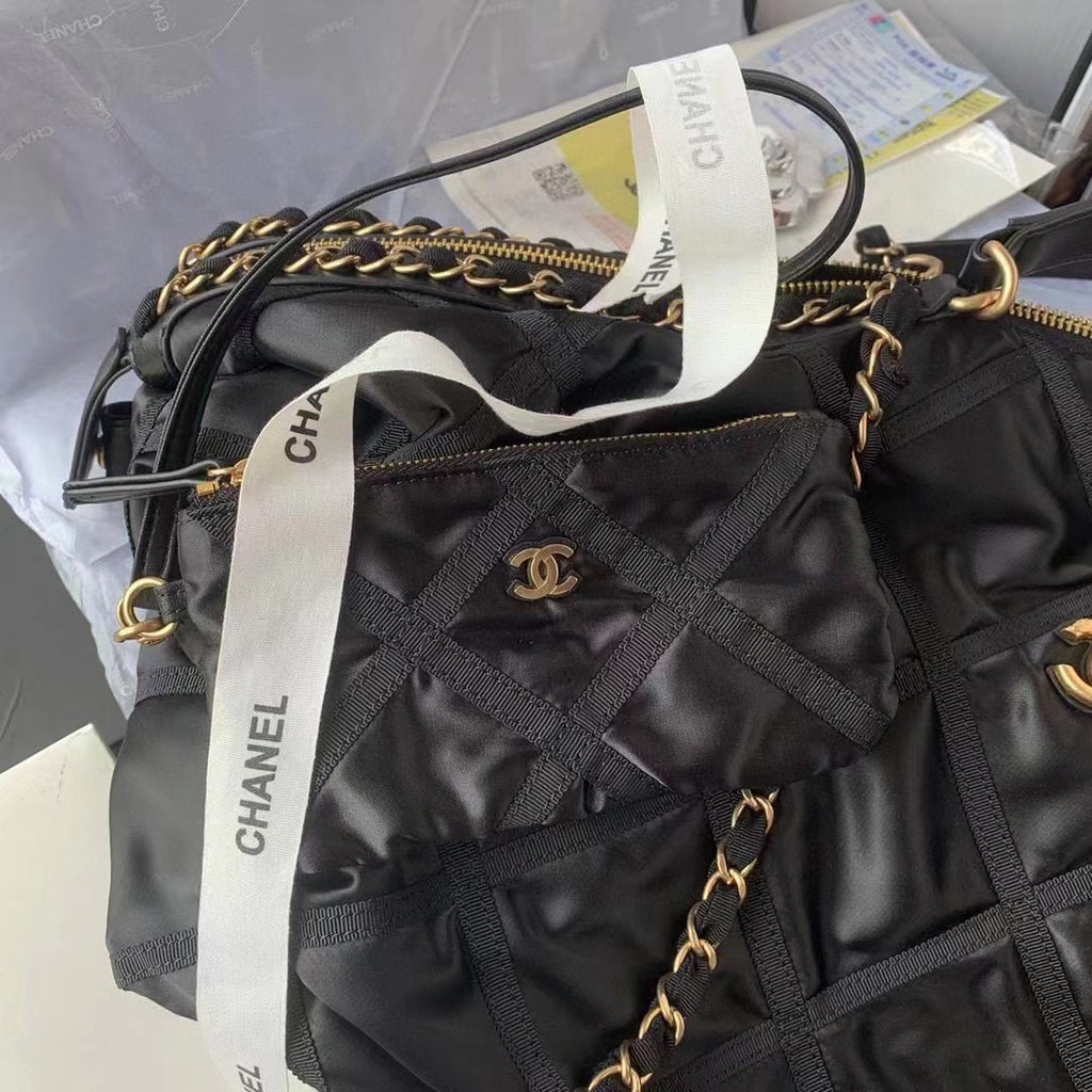 Chanel AS3093 Maxi Bowling Bag Nylon Gros-Grain Gold-Tone Metal Black