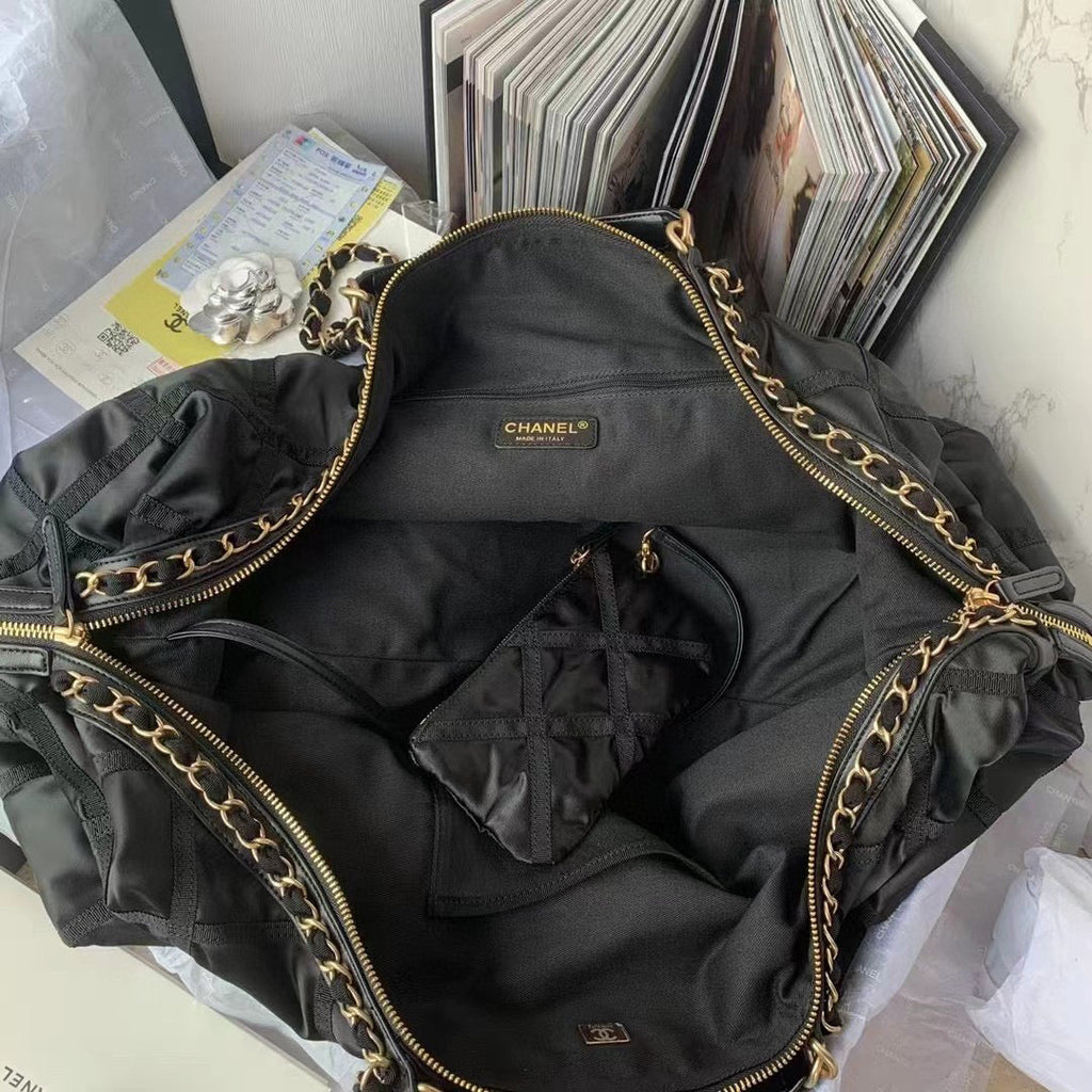 Chanel AS3093 Maxi Bowling Bag Nylon Gros-Grain Gold-Tone Metal Black