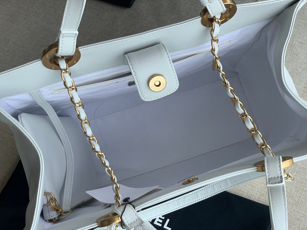 Chanel AS3128 Maxi Shopping Tote Bag Calfskin In White Gold