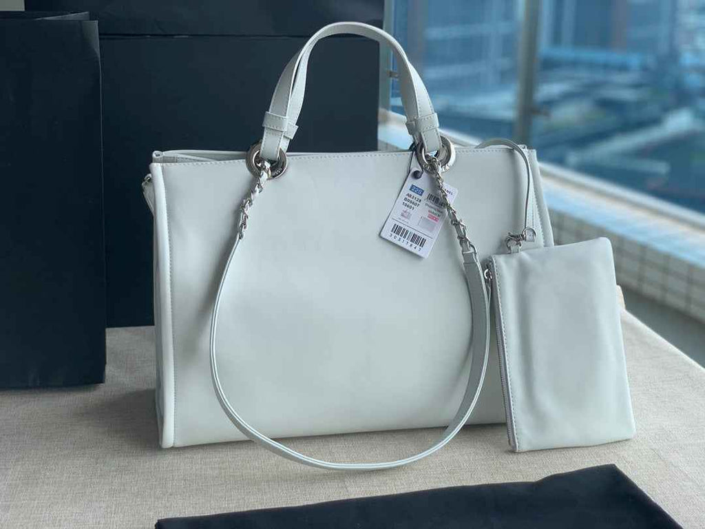Chanel AS3128 Maxi Shopping Tote Bag Calfskin In White Silver