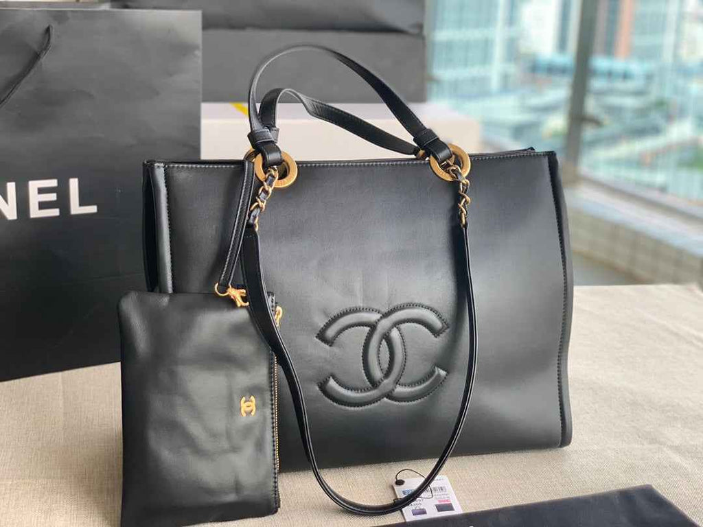 Chanel AS3128 Maxi Shopping Tote Bag Calfskin In Black Gold