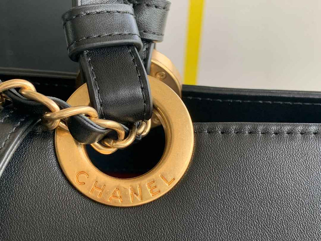 Chanel AS3128 Maxi Shopping Tote Bag Calfskin In Black Gold