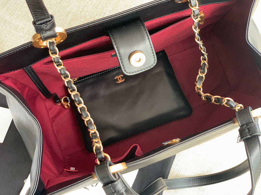 Chanel AS3128 Maxi Shopping Tote Bag Calfskin In Black Gold