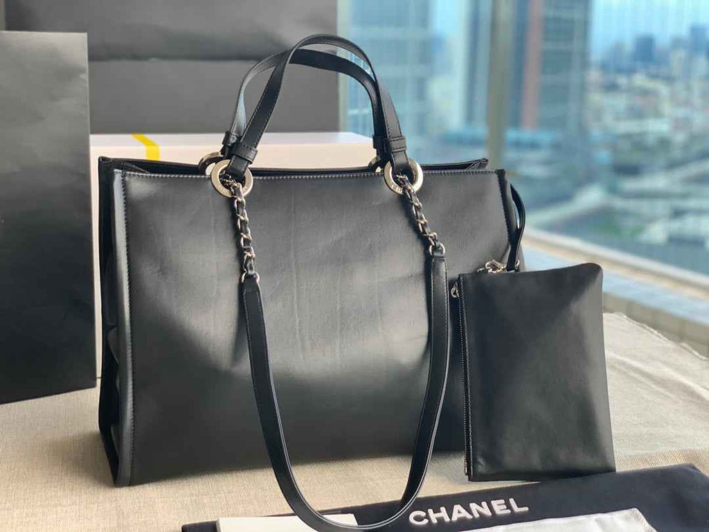 Chanel AS3128 Maxi Shopping Tote Bag Calfskin In Black Silver