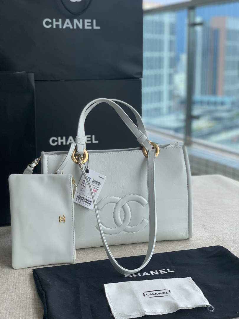 Chanel AS3129 Maxi Shopping Tote Bag Calfskin In White Gold