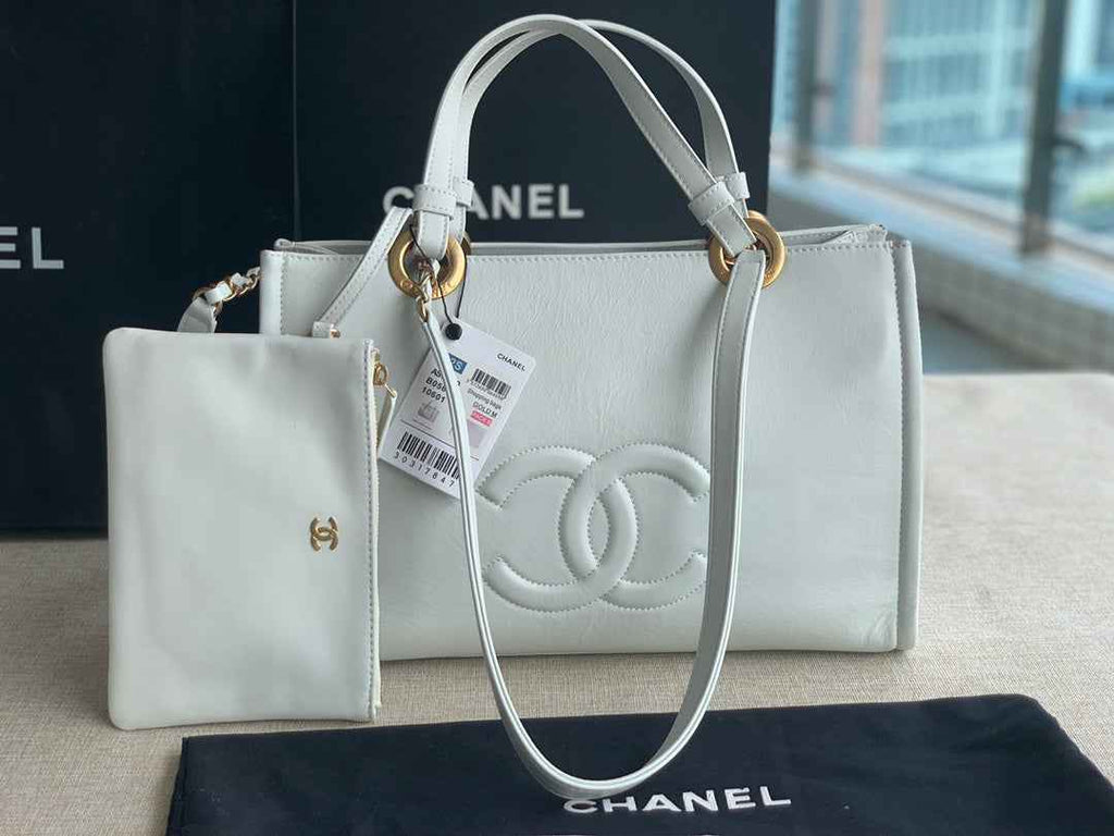 Chanel AS3129 Maxi Shopping Tote Bag Calfskin In White Gold