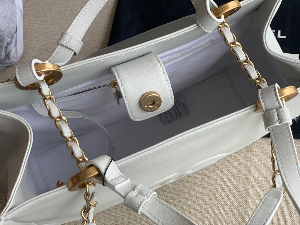 Chanel AS3129 Maxi Shopping Tote Bag Calfskin In White Gold