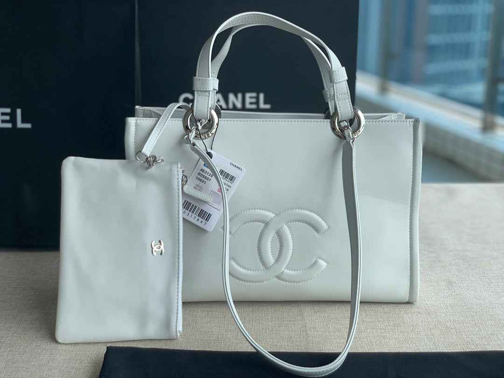 Chanel AS3129 Maxi Shopping Tote Bag Calfskin In White Silver
