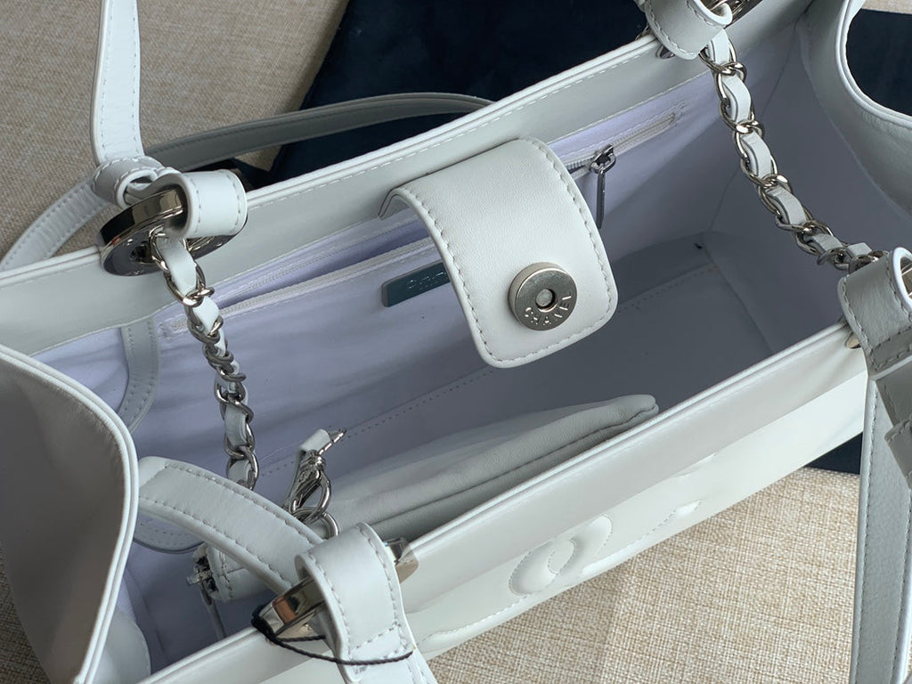 Chanel AS3129 Maxi Shopping Tote Bag Calfskin In White Silver
