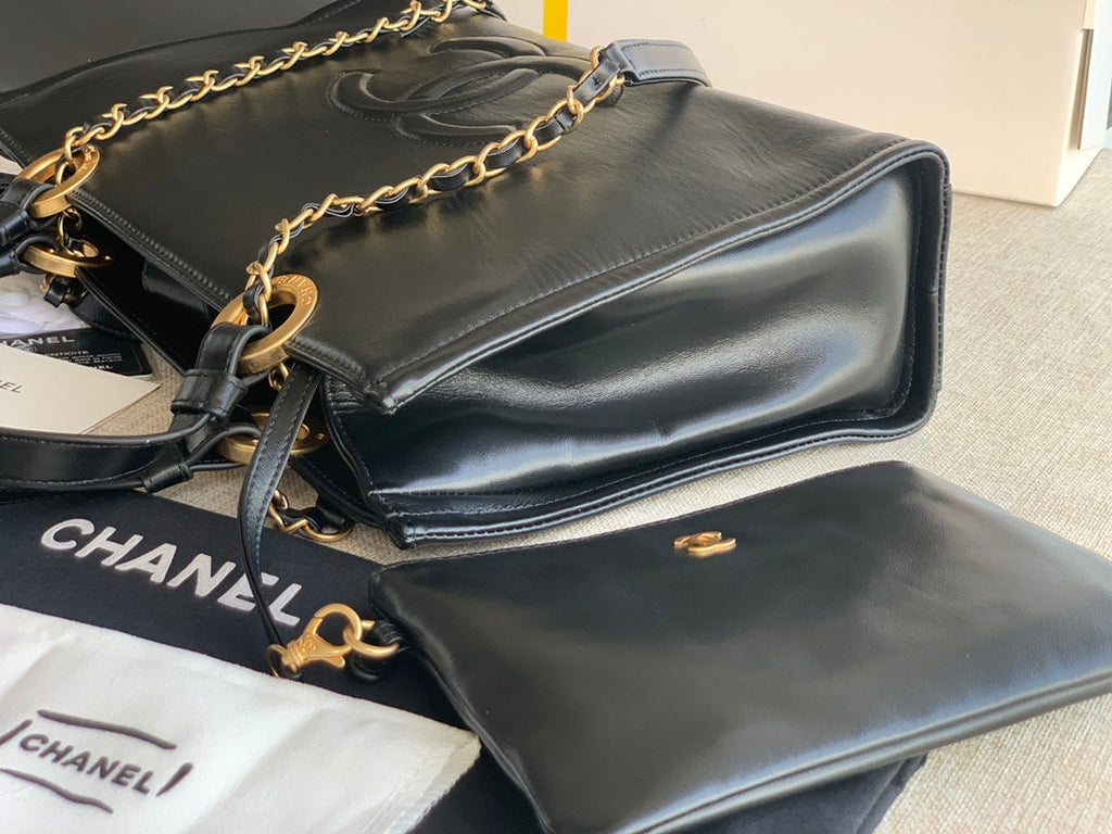 Chanel AS3129 Maxi Shopping Tote Bag Calfskin In Black Gold