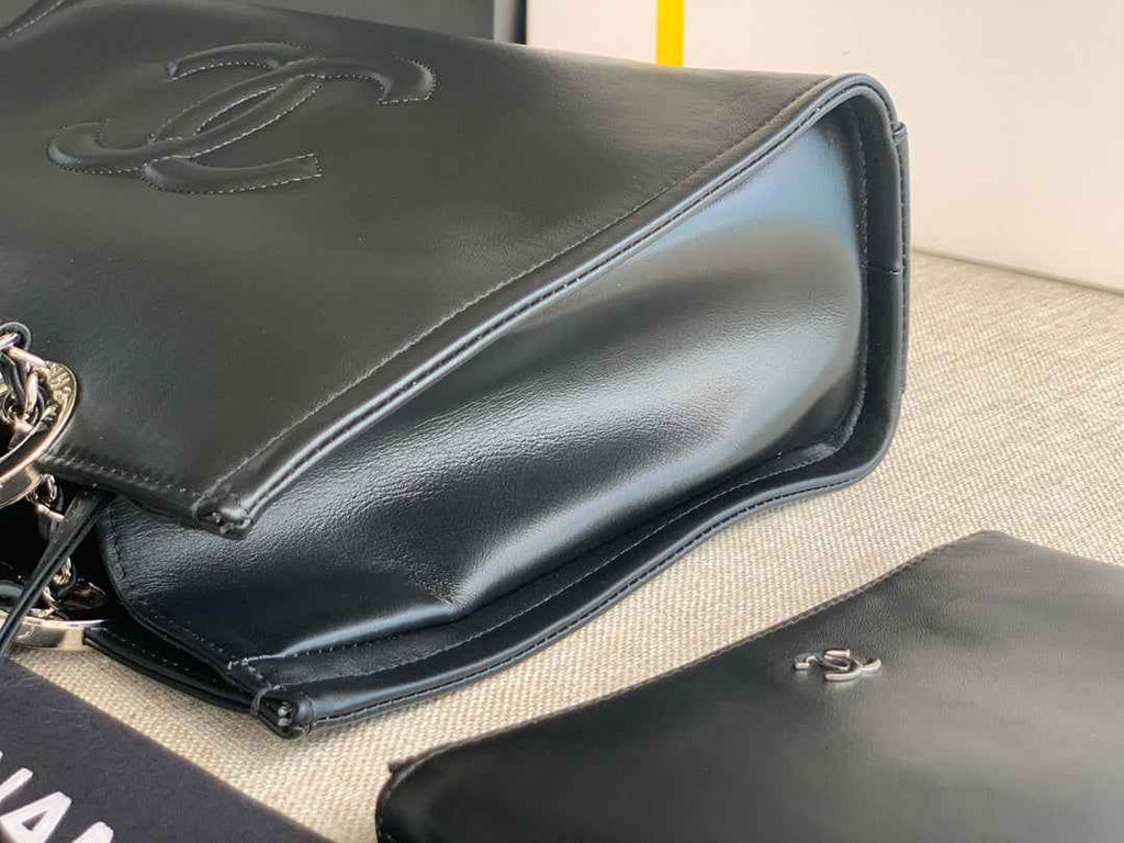 Chanel AS3129 Maxi Shopping Tote Bag Calfskin In Black Silver