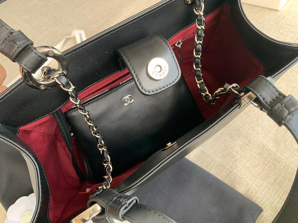 Chanel AS3129 Maxi Shopping Tote Bag Calfskin In Black Silver