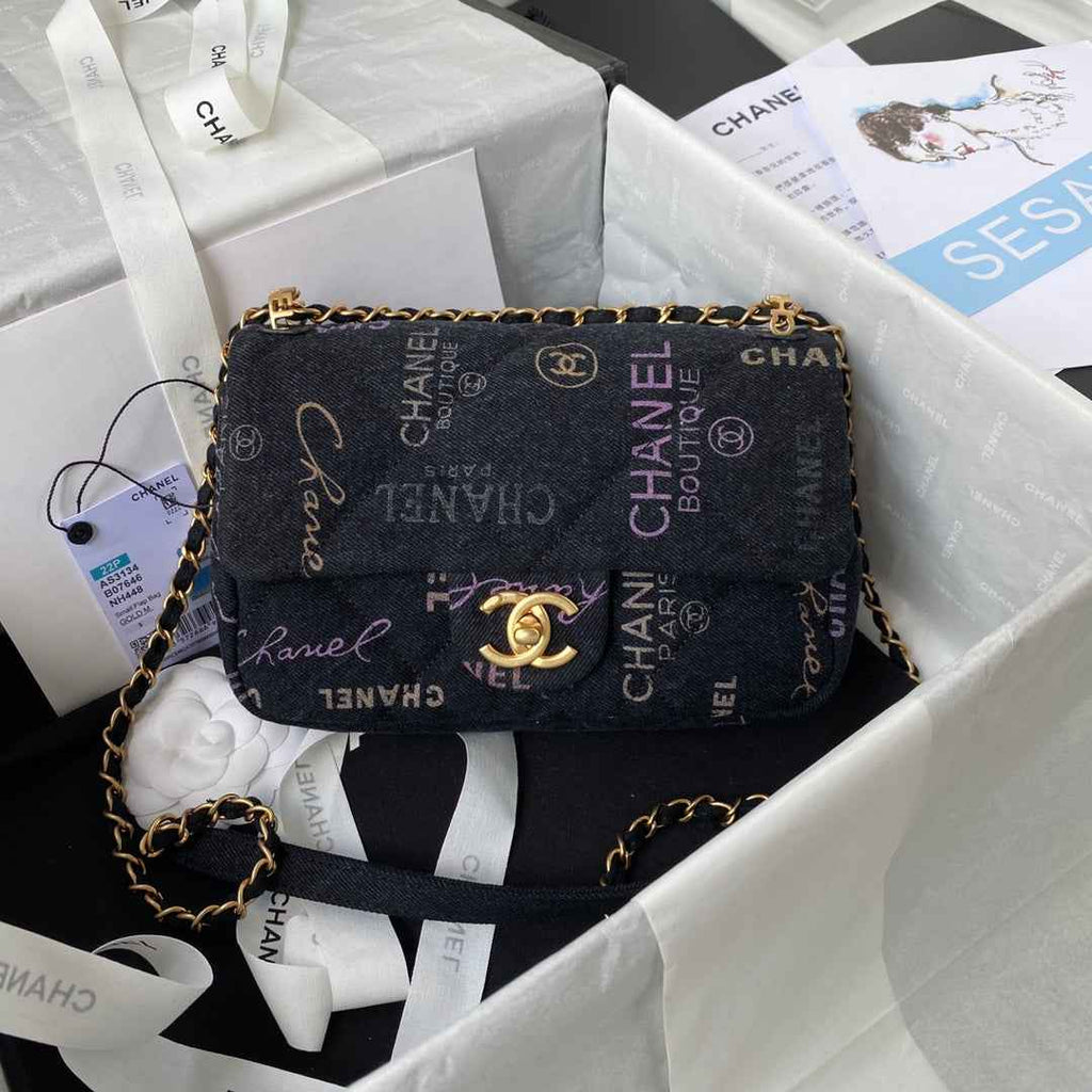 Chanel AS3134 Small Flap Bag Printed denim gold-tone metal Black