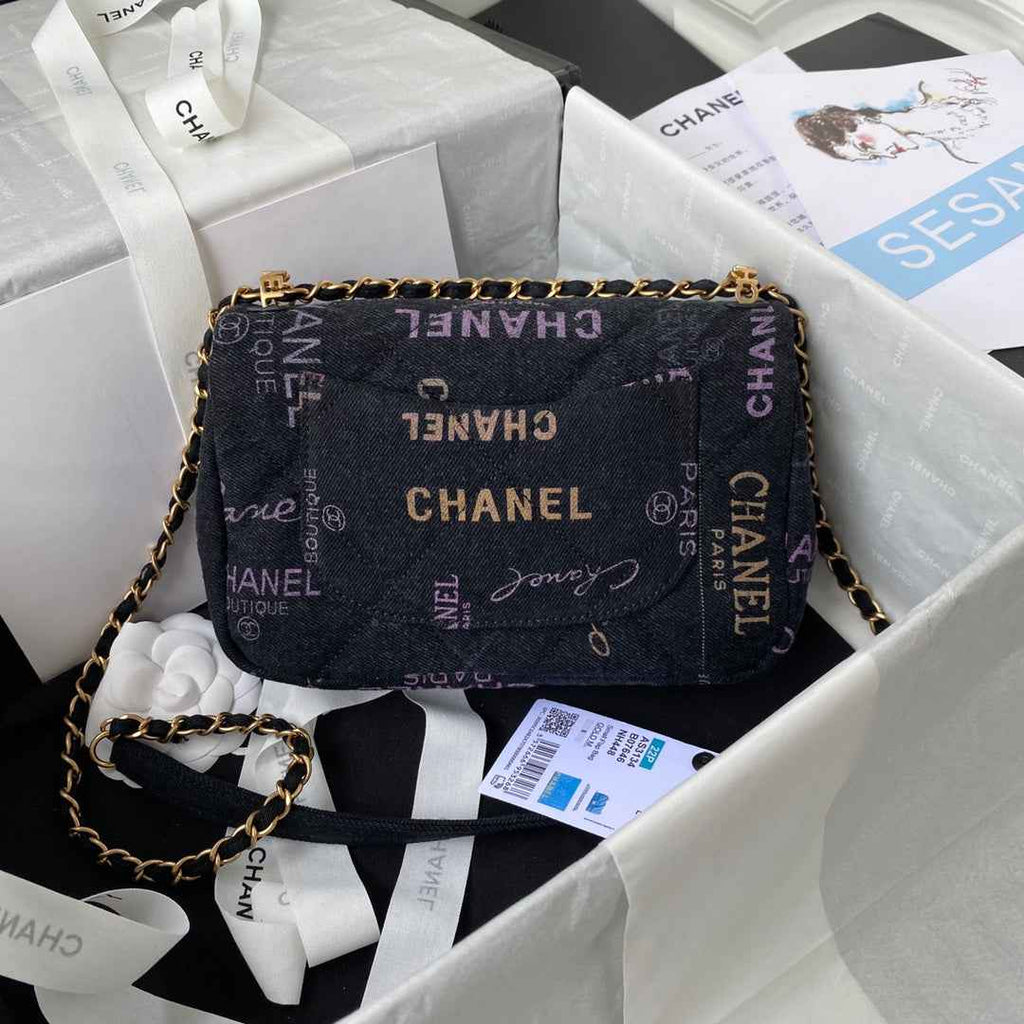 Chanel AS3134 Small Flap Bag Printed denim gold-tone metal Black