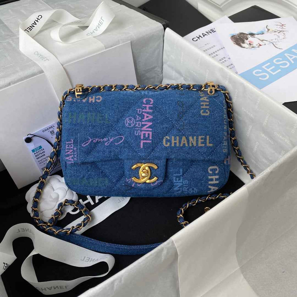 Chanel AS3134 Small Flap Bag Printed denim gold-tone metal Blue