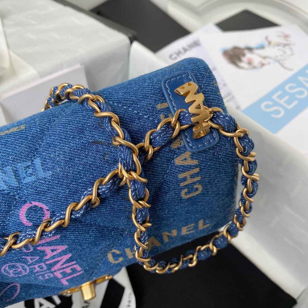 Chanel AS3134 Small Flap Bag Printed denim gold-tone metal Blue