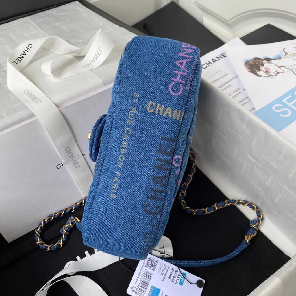 Chanel AS3134 Small Flap Bag Printed denim gold-tone metal Blue