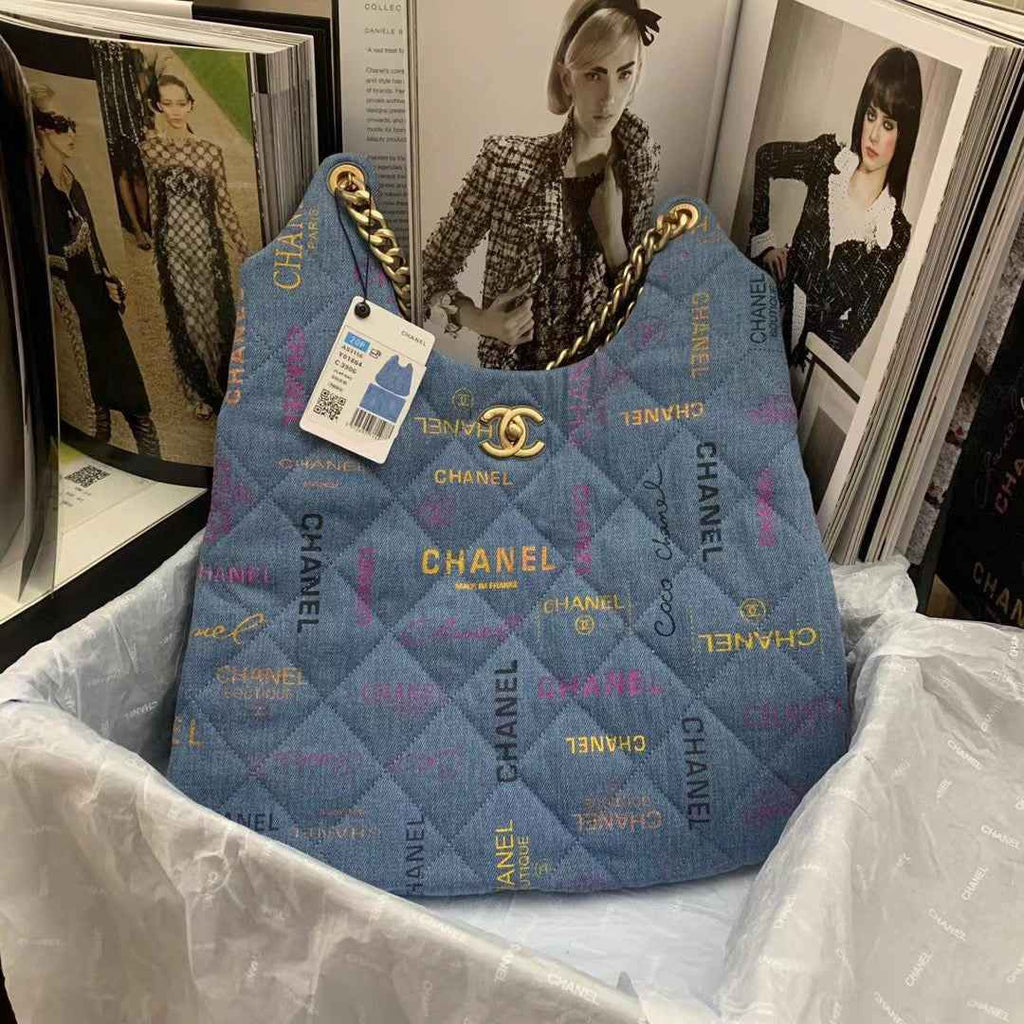 Chanel AS3156 Maxi Hobo Bag Printed denim gold-tone metal Blue