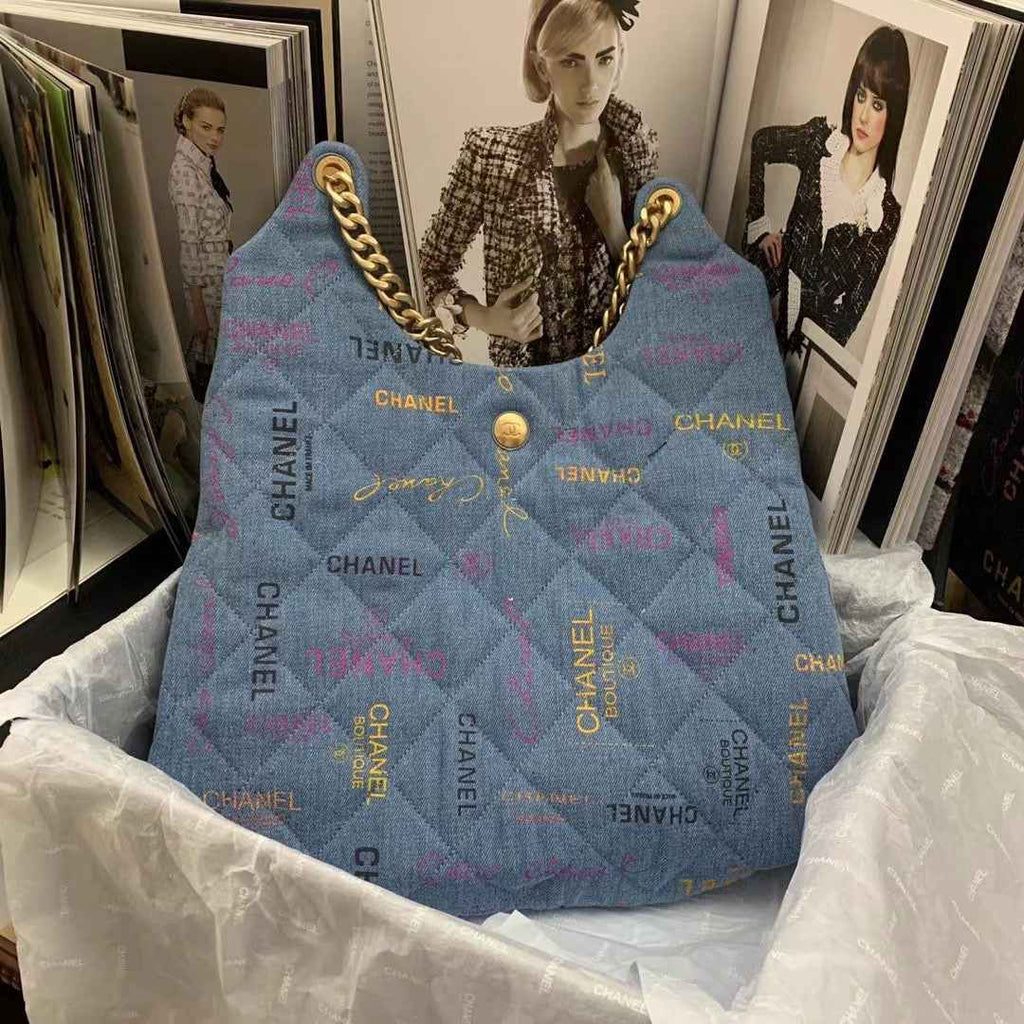 Chanel AS3156 Maxi Hobo Bag Printed denim gold-tone metal Blue