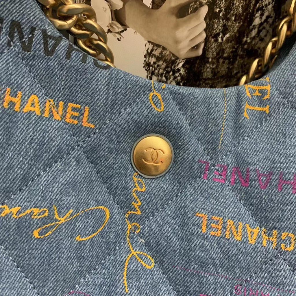 Chanel AS3156 Maxi Hobo Bag Printed denim gold-tone metal Blue