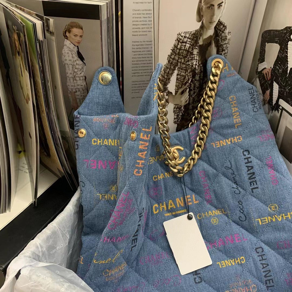 Chanel AS3156 Maxi Hobo Bag Printed denim gold-tone metal Blue