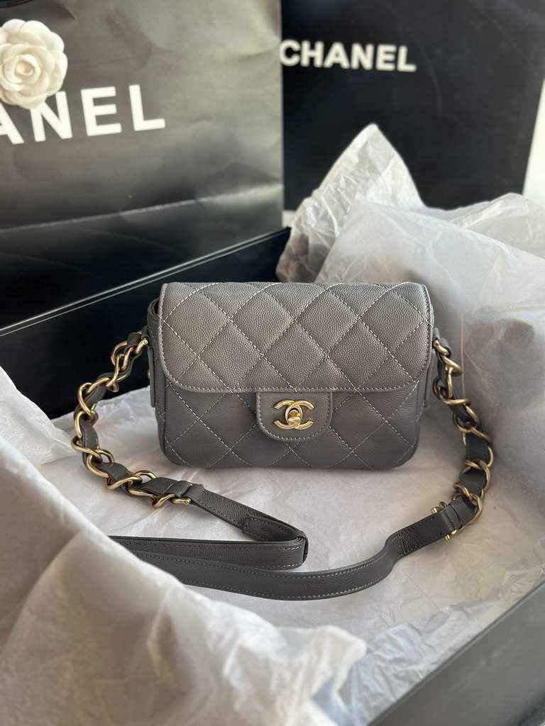 Chanel AS3181 Mini Flap Bag Grained calfskin Gray