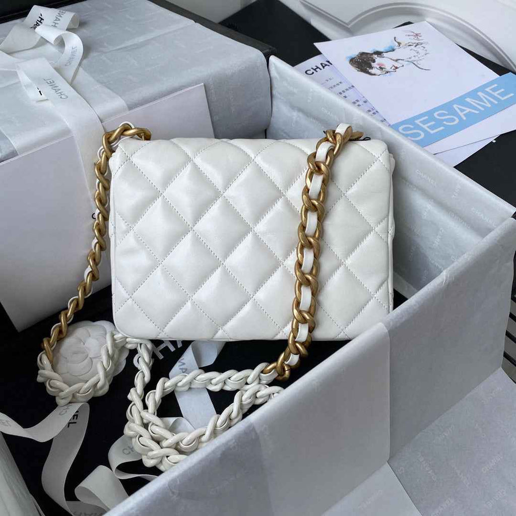 Chanel AS3206 Small Flap Bag Lambskin Gold-Tone Metal White