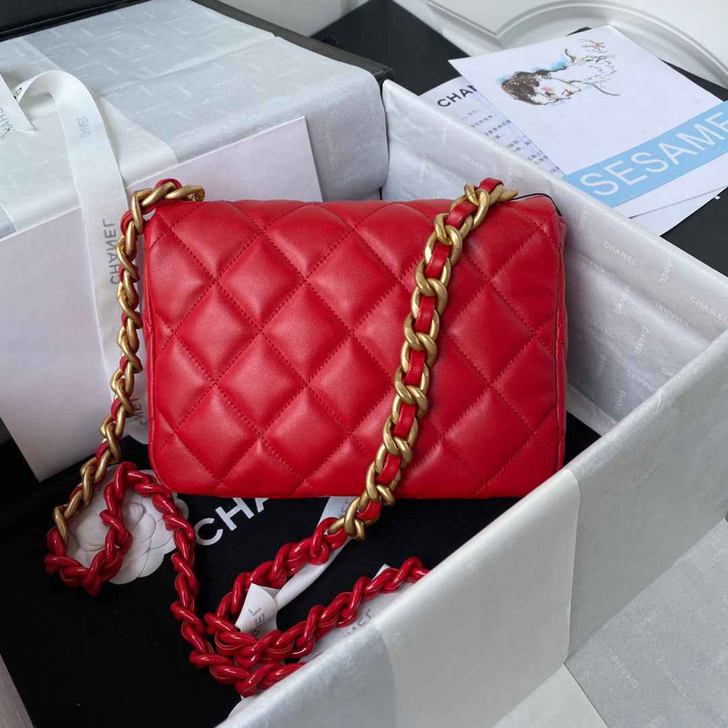 Chanel AS3206 Small Flap Bag Lambskin Gold-Tone Metal Red