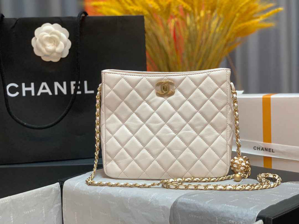 Chanel AS3259 Hobo Shoulder Lambskin Handbag White