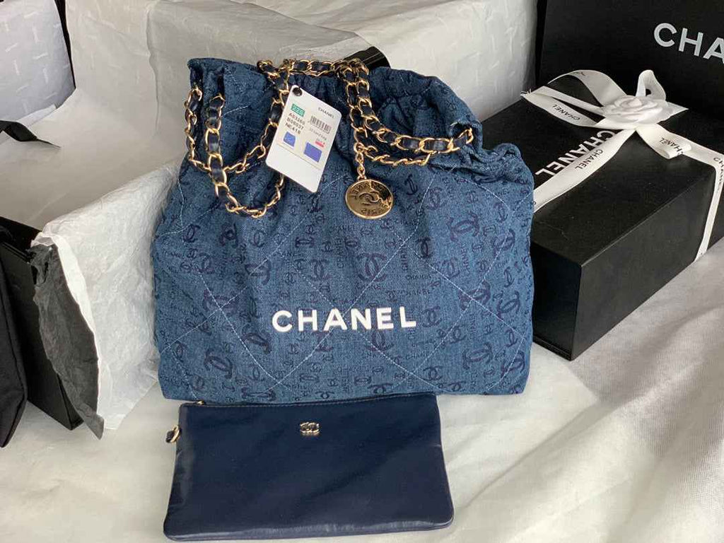 Chanel AS3260 22 Small Handbag Gold-Tone Metal Blue Logo white