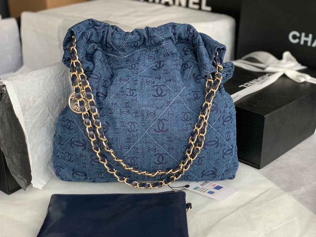 Chanel AS3260 22 Small Handbag Gold-Tone Metal Blue Logo white