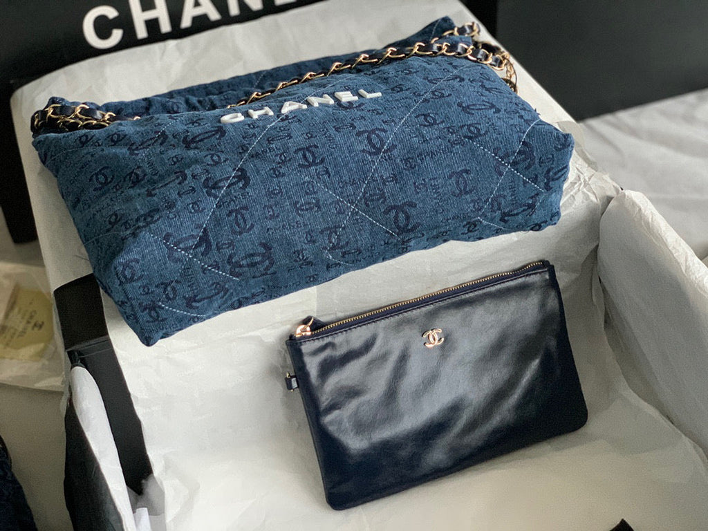 Chanel AS3260 22 Small Handbag Gold-Tone Metal Blue Logo white