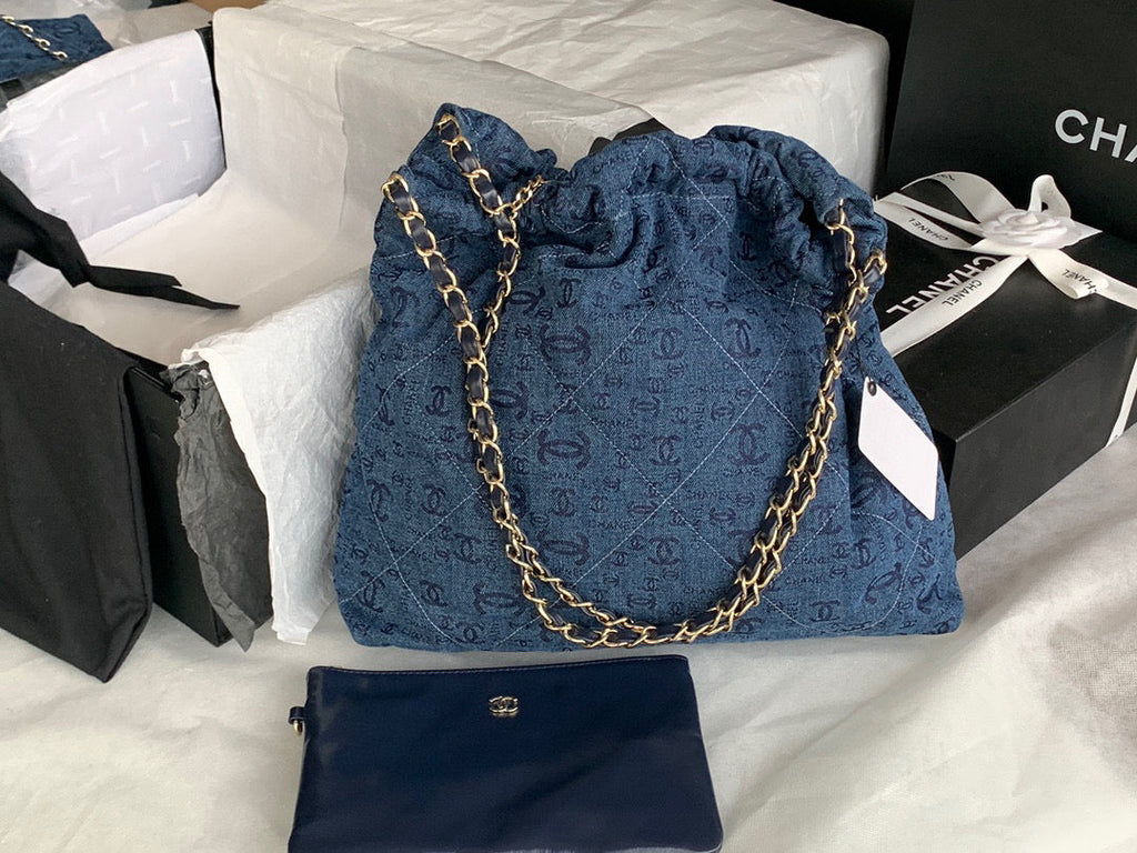 Chanel AS3261 22 Handbag Gold-Tone Metal Blue Logo white