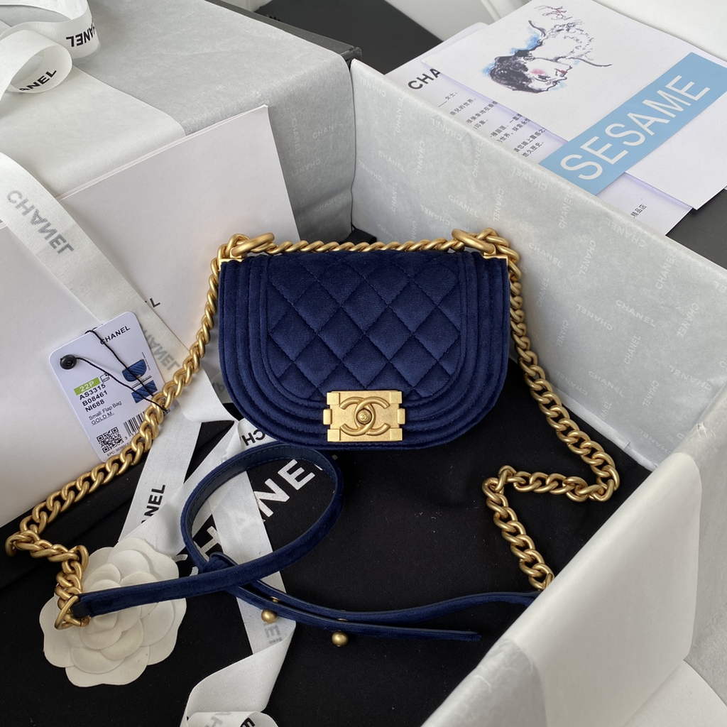 Chanel AS3315 Mini BOY Messenger Bag Shearling Lambskin Navy Blue
