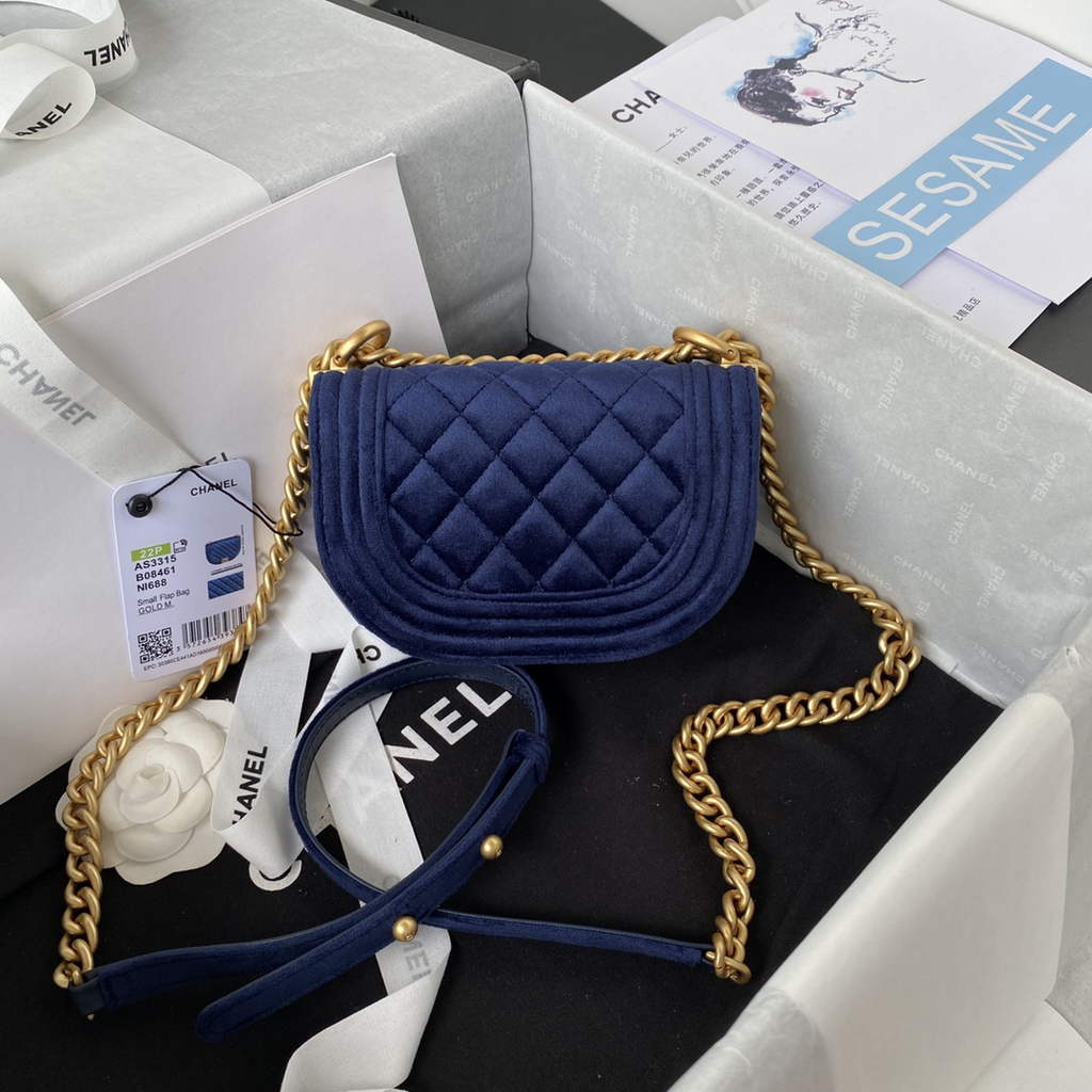 Chanel AS3315 Mini BOY Messenger Bag Shearling Lambskin Navy Blue