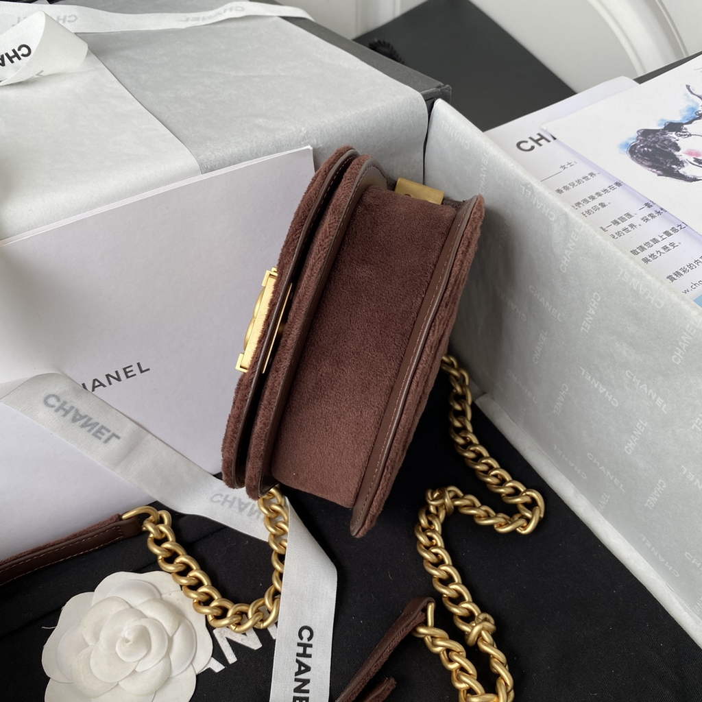 Chanel AS3315 Mini BOY Messenger Bag Shearling Lambskin Brown