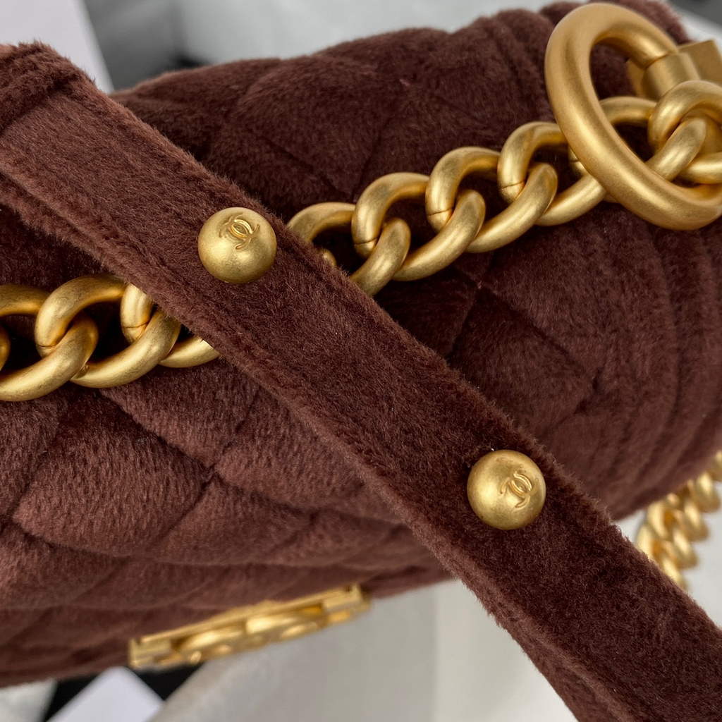 Chanel AS3315 Mini BOY Messenger Bag Shearling Lambskin Brown