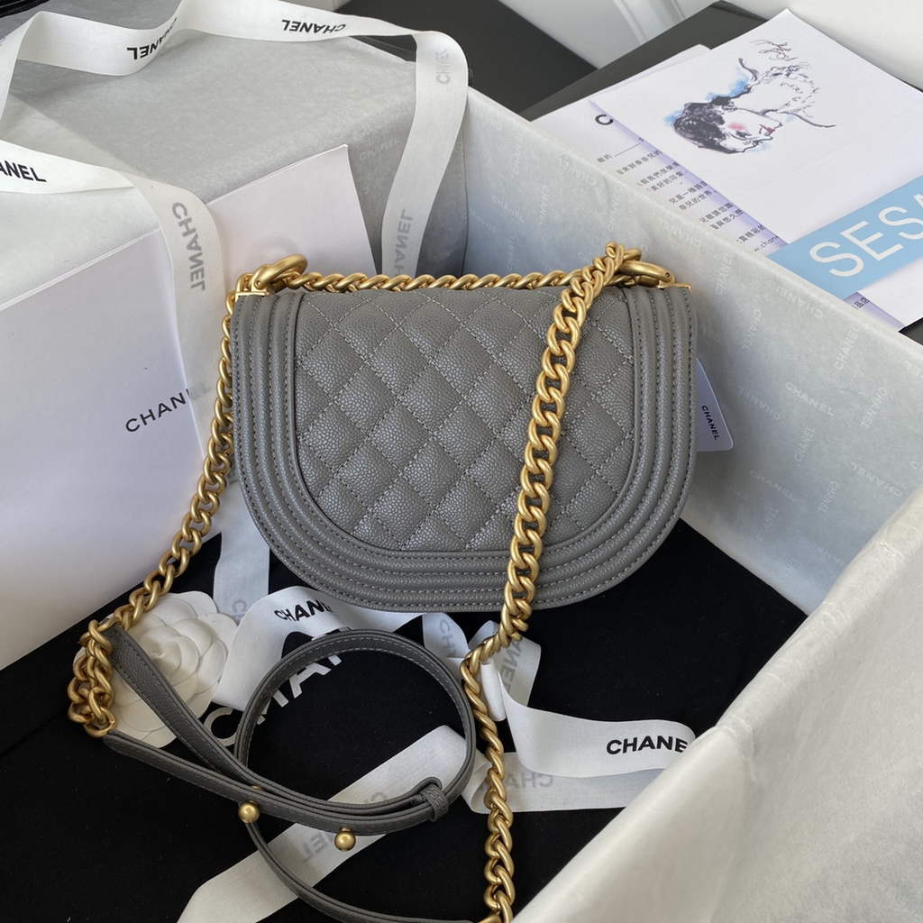 Chanel AS3350 Small BOY CHANEL Messenger Bag Calfskin Gray