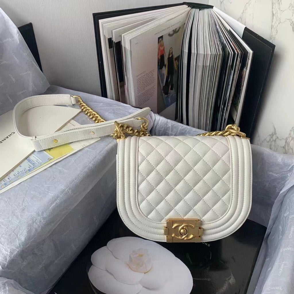 Chanel AS3350 Small BOY CHANEL Messenger Bag Calfskin White
