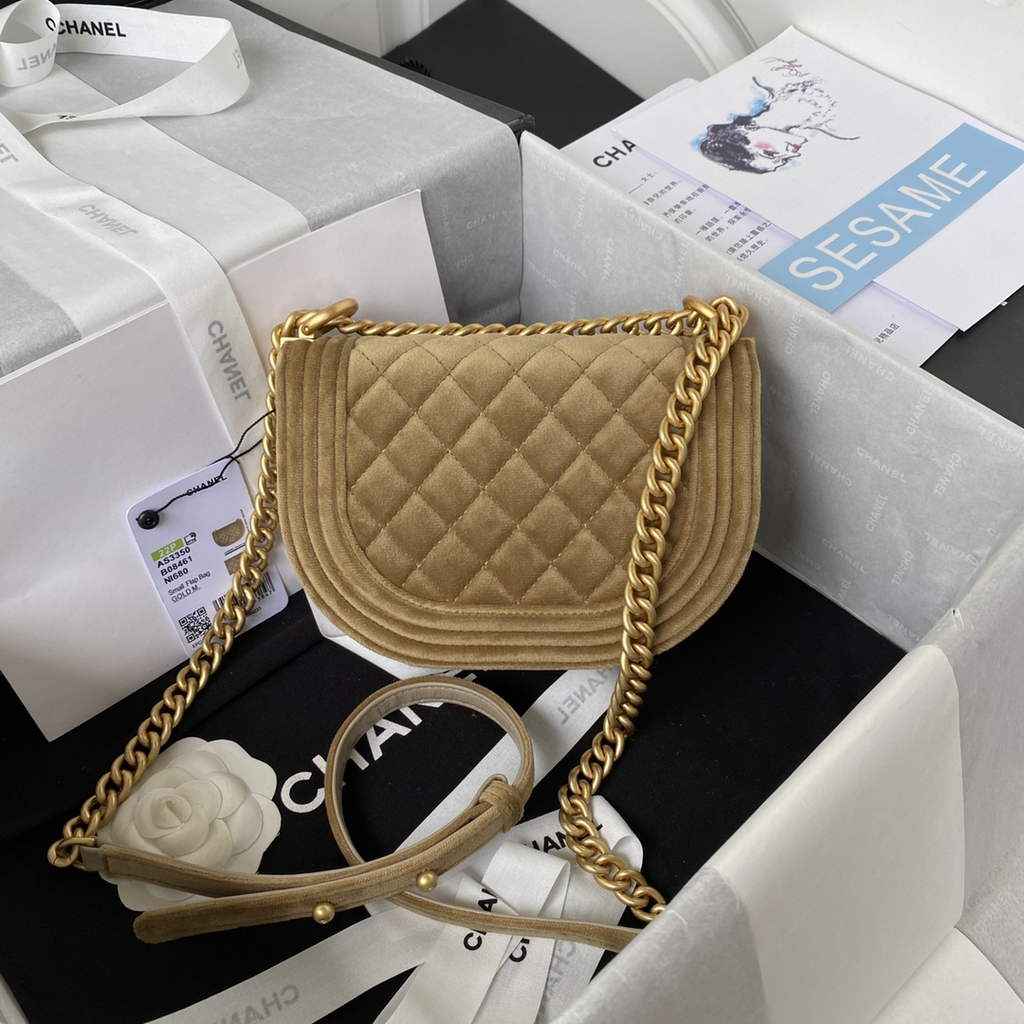 Chanel AS3350 Small BOY Messenger Bag Shearling Lambskin Tan