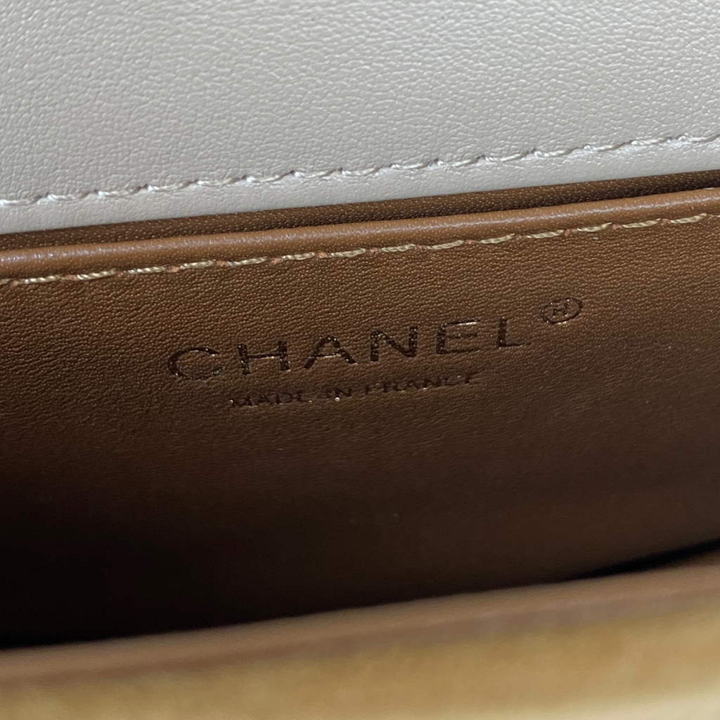 Chanel AS3350 Small BOY Messenger Bag Shearling Lambskin Tan