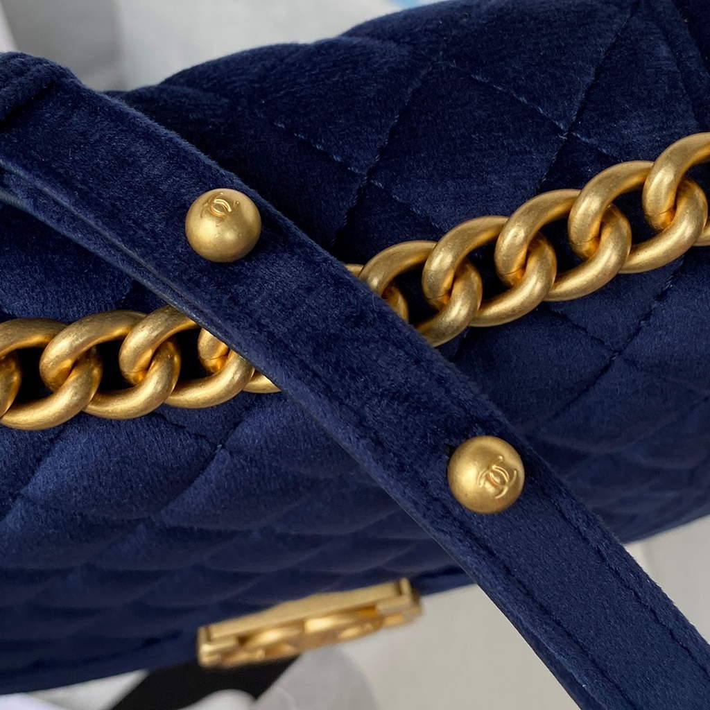 Chanel AS3350 Small BOY Messenger Bag Shearling Lambskin Navy Blue