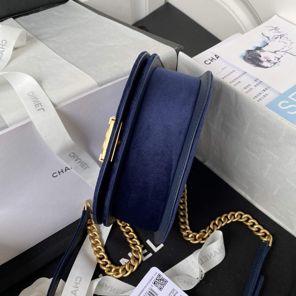 Chanel AS3350 Small BOY Messenger Bag Shearling Lambskin Navy Blue