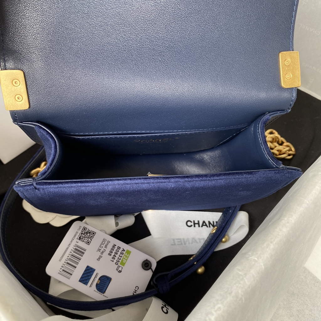 Chanel AS3350 Small BOY Messenger Bag Shearling Lambskin Navy Blue