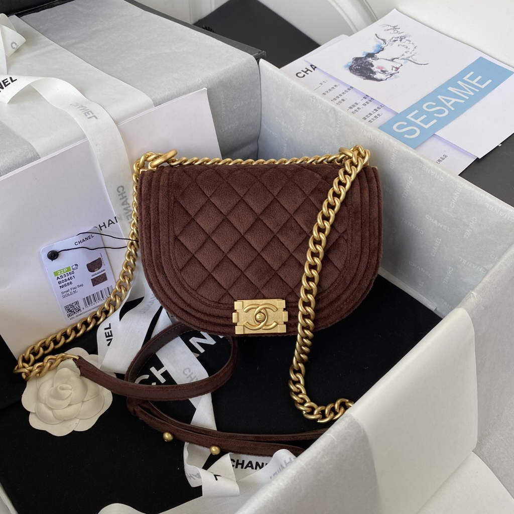 Chanel AS3350 Small BOY Messenger Bag Shearling Lambskin Brown