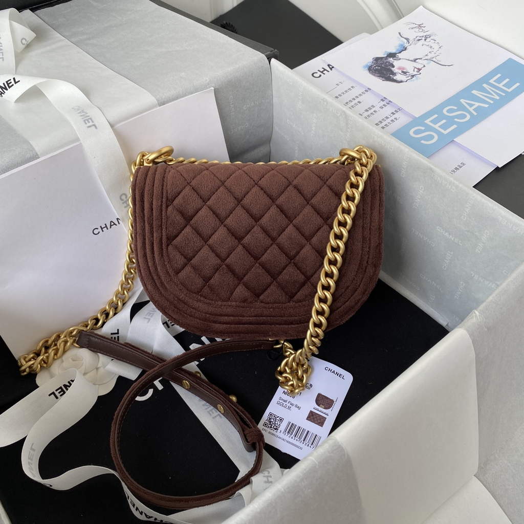 Chanel AS3350 Small BOY Messenger Bag Shearling Lambskin Brown