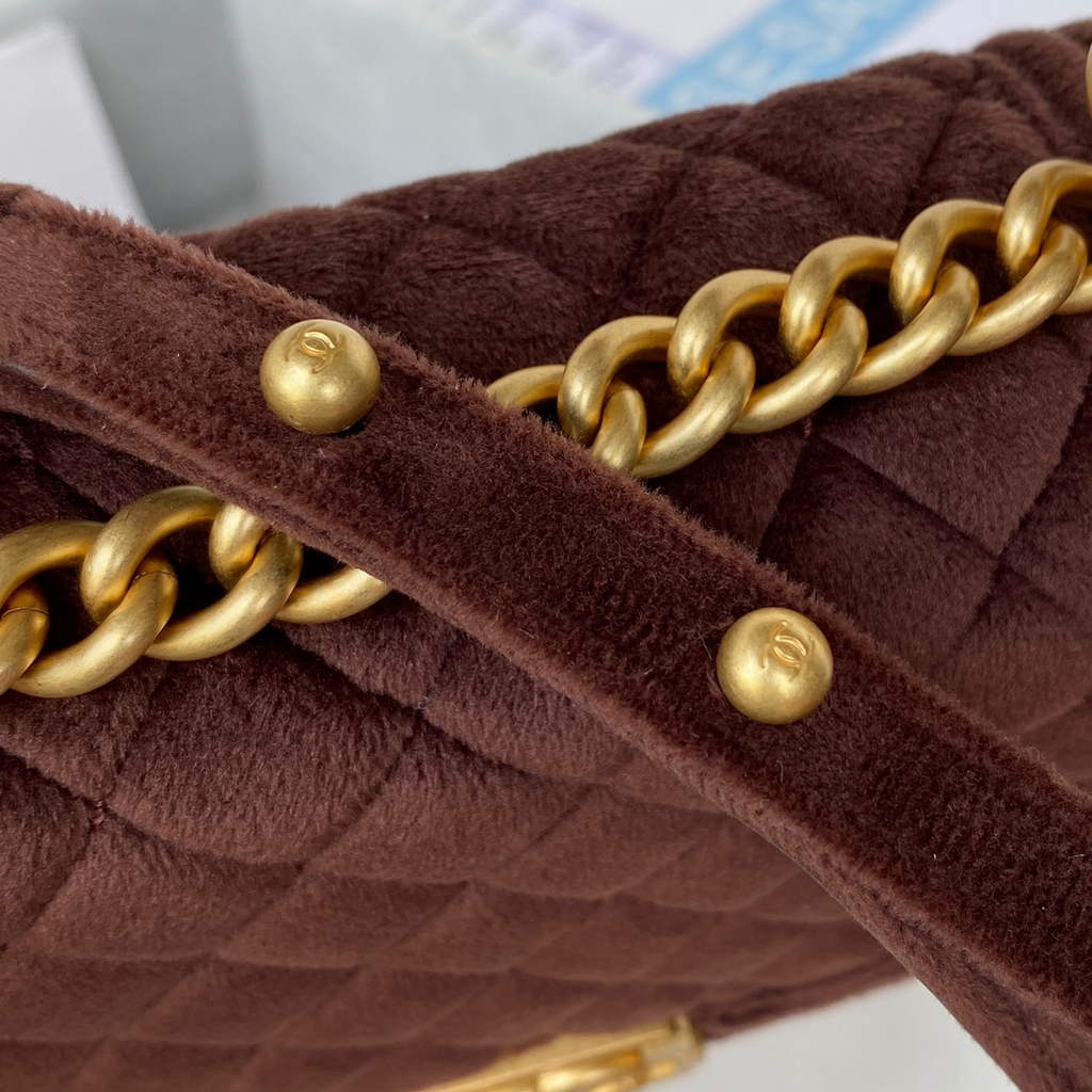 Chanel AS3350 Small BOY Messenger Bag Shearling Lambskin Brown
